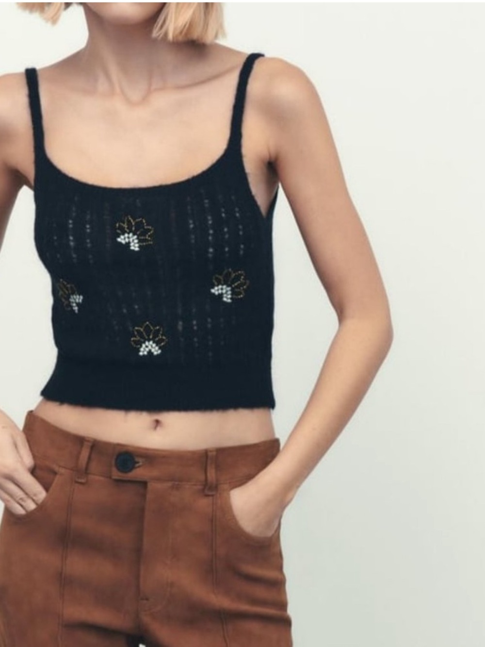 Zara Black Floral Beaded Knit Cropped Camisole
